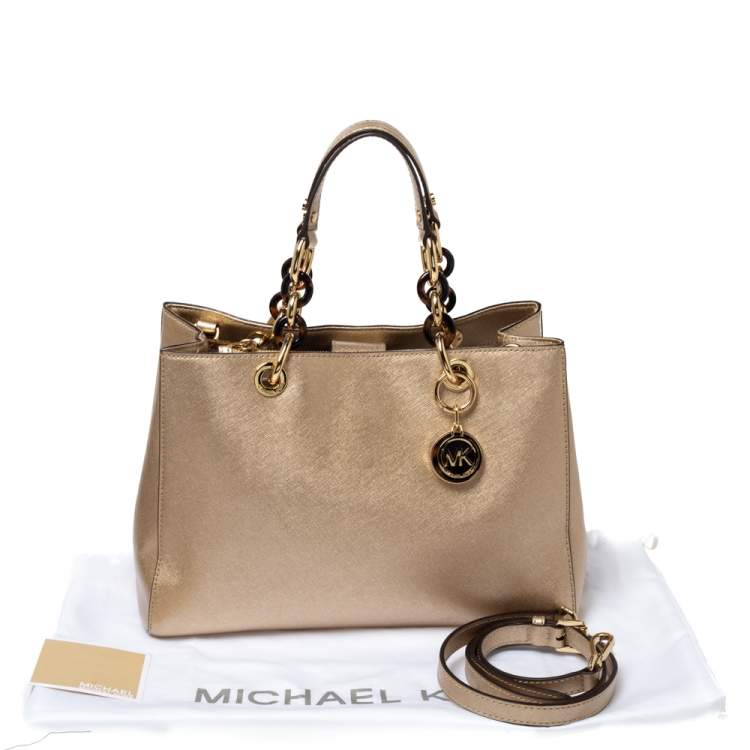 Pre Owned MICHAEL Michael Kors Metallic Gold Leather Medium Cynthia Tote