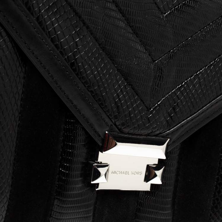 Pre Owned Michael Kors Black Python Embossed Leather and Suede Pushlock Flap Bag