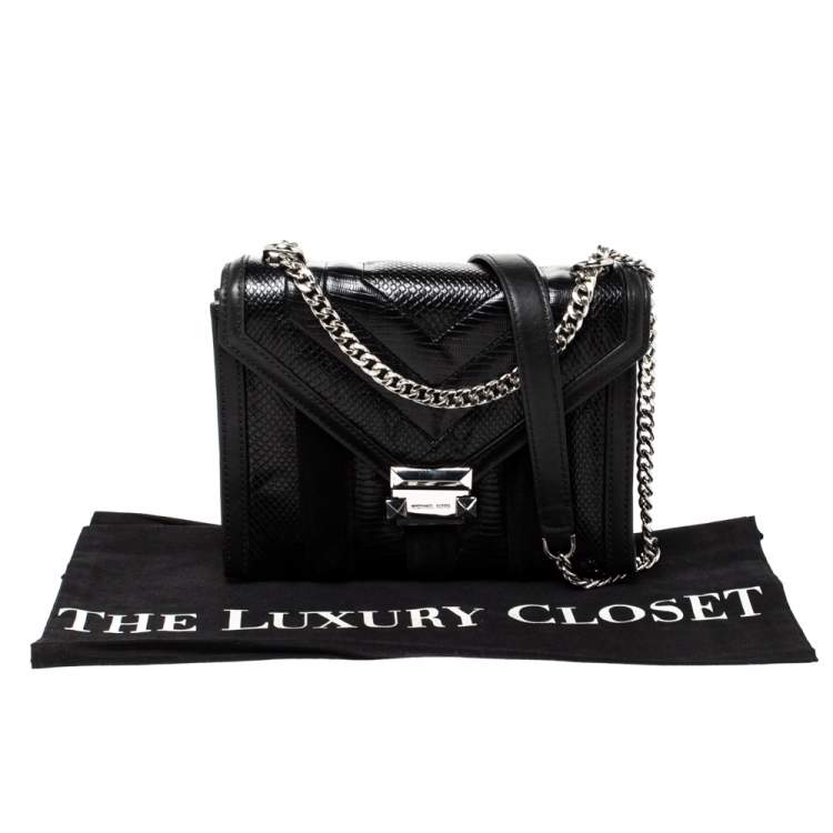 Pre Owned Michael Kors Black Python Embossed Leather and Suede Pushlock Flap Bag