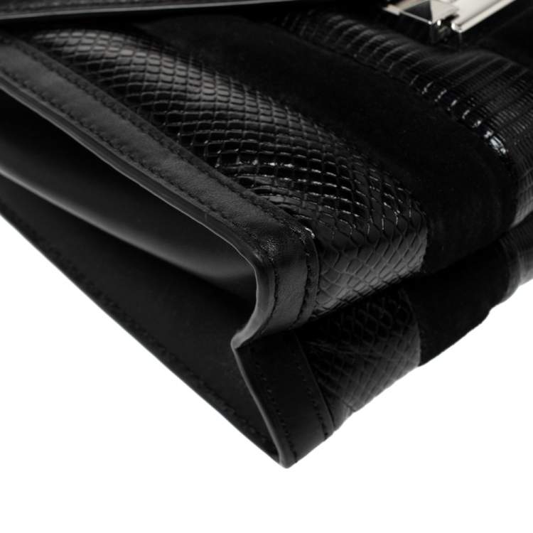 Pre Owned Michael Kors Black Python Embossed Leather and Suede Pushlock Flap Bag