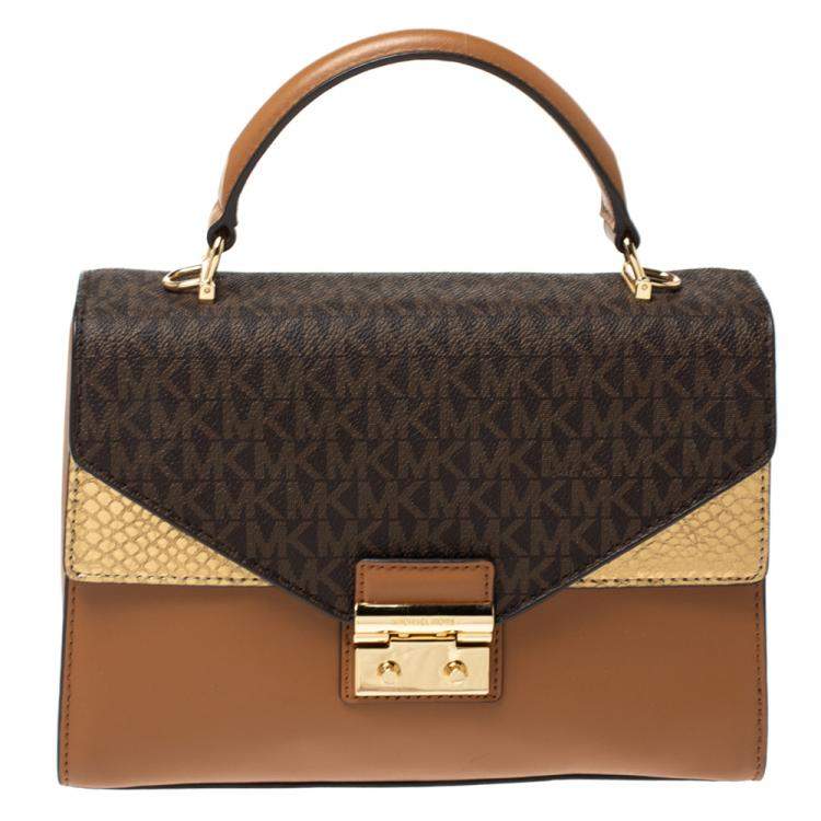 Pre Owned Michael Kors Tri Color Monogram Coated Canvas and Leather Kinsley Top Handle Bag