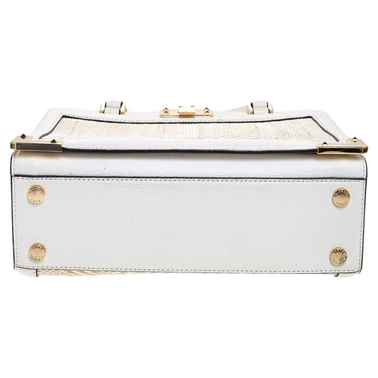 Pre Owned Michael Kors White Leather and Straw Medium Kinsley Accordion Tote