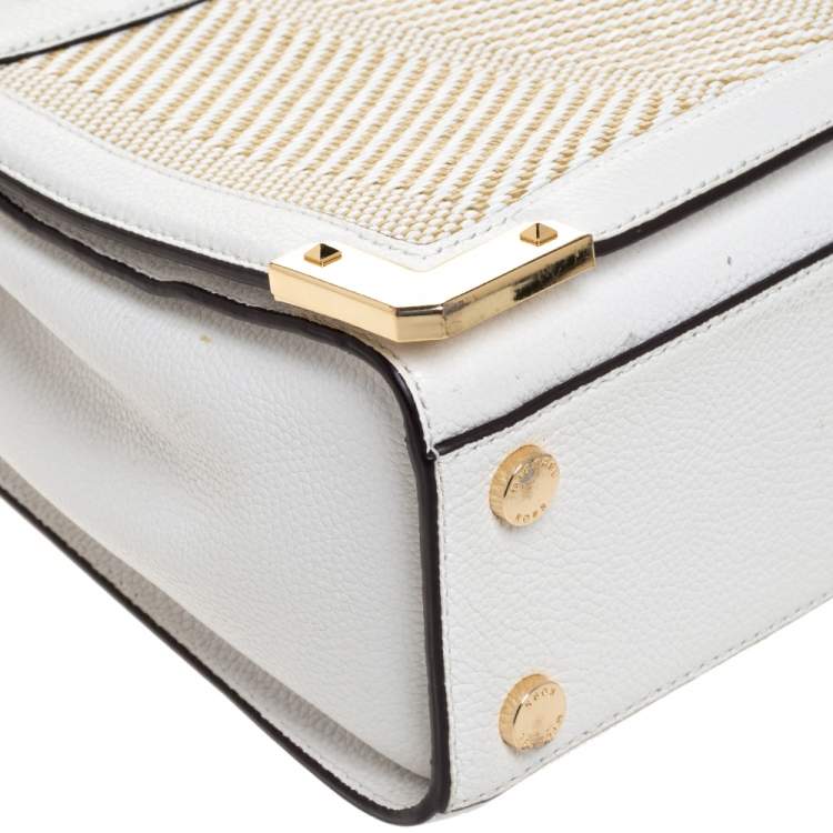 Pre Owned Michael Kors White Leather and Straw Medium Kinsley Accordion Tote