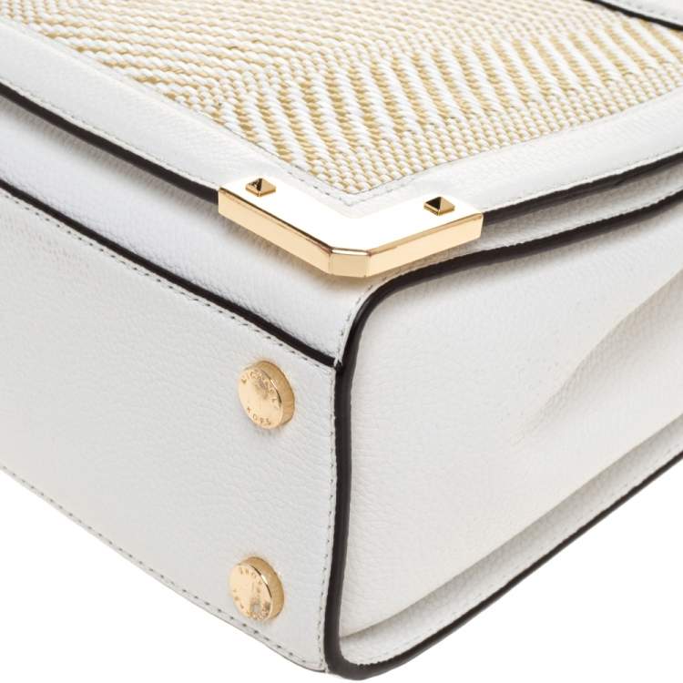 Pre Owned Michael Kors White Leather and Straw Medium Kinsley Accordion Tote