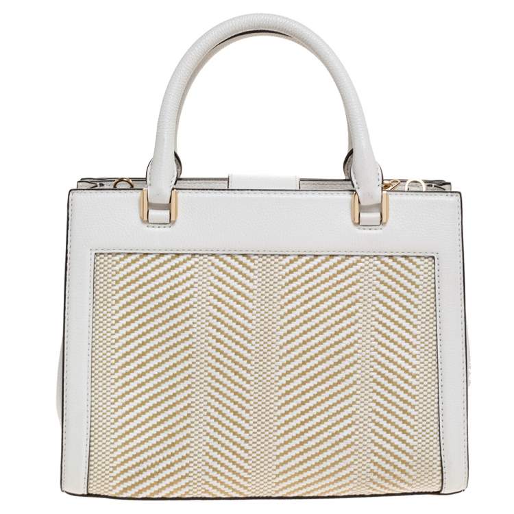 Pre Owned Michael Kors White Leather and Straw Medium Kinsley Accordion Tote
