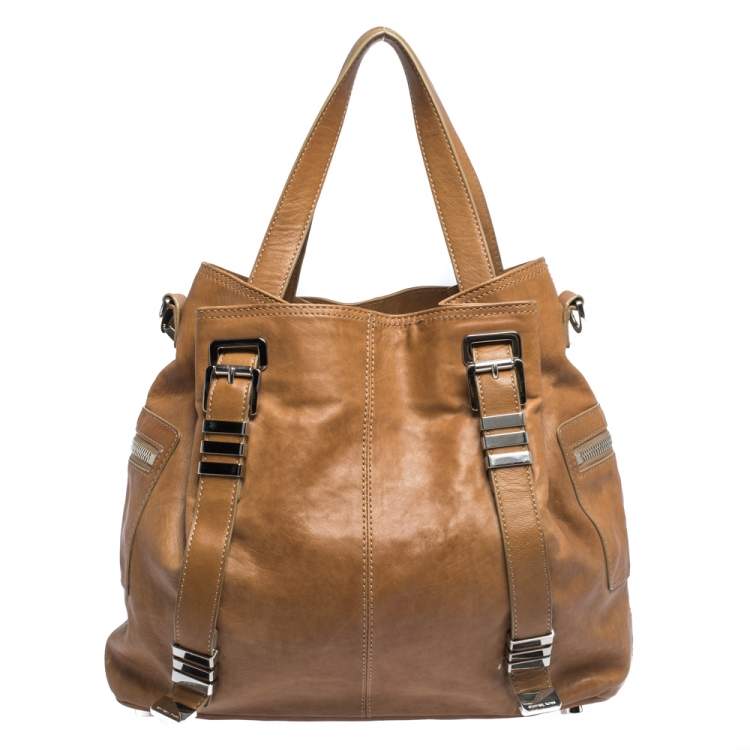 Pre Owned Michael Kors Tan Leather Buckle Strap Convertible Tote