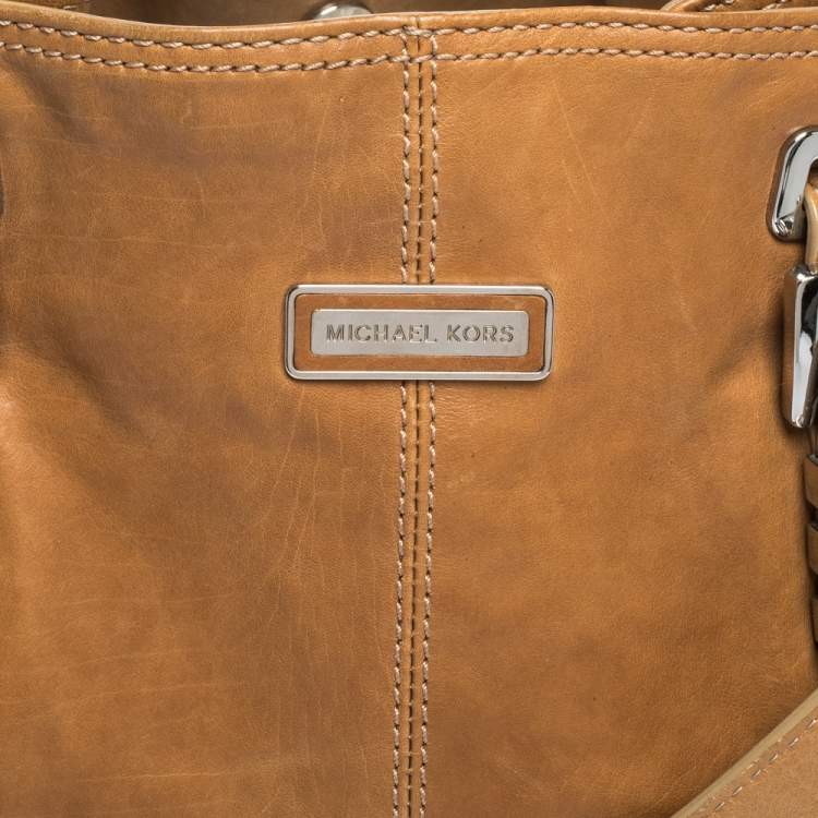 Pre Owned Michael Kors Tan Leather Buckle Strap Convertible Tote