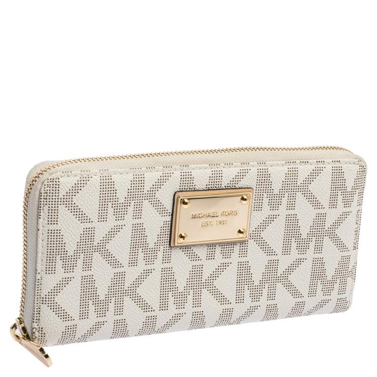 Pre Owned Michael Kors White Monogram Coated Canvas Zip Around Wallet