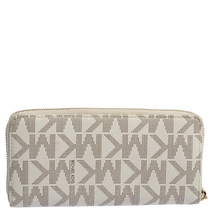 Pre Owned Michael Kors White Monogram Coated Canvas Zip Around Wallet