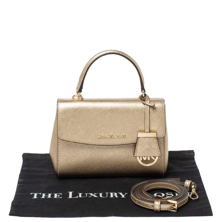 Pre Owned Michael Kors Metallic Gold Leather Mini Ava Top Handle Bag