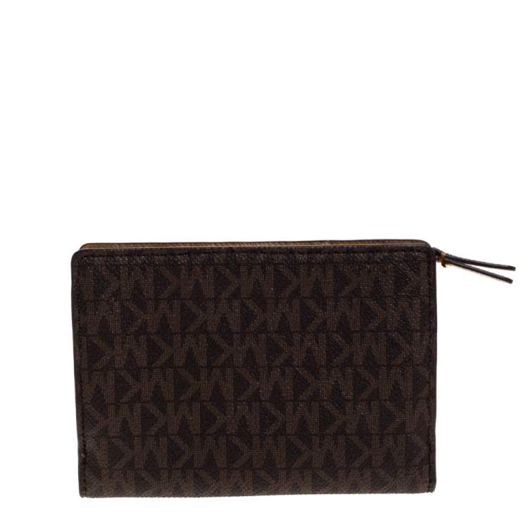 Pre Owned Michael Kors Brown Signature Coated Canvas Zip Around Wallet
