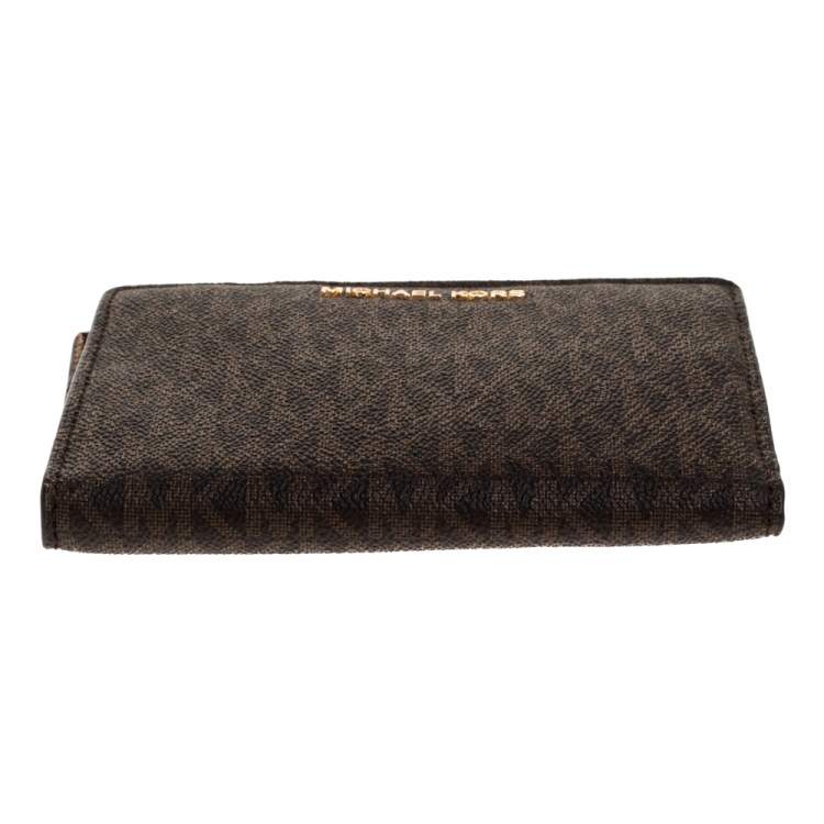 Pre Owned Michael Kors Brown Signature Coated Canvas Zip Around Wallet