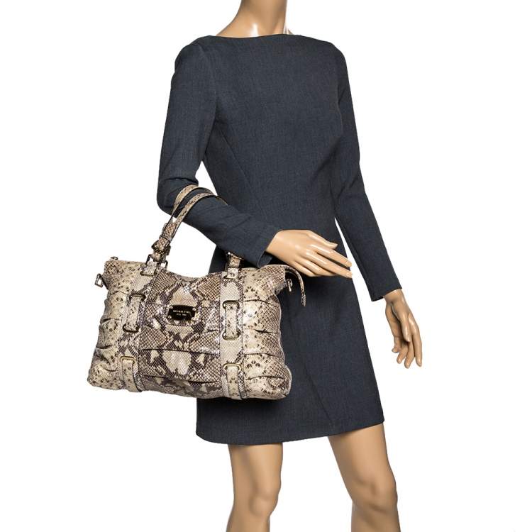 Pre Owned Michael Kors Beige Python Effect Leather Satchel