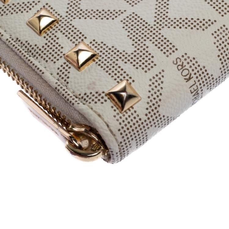 Pre Owned Michael Kors White Signature Coated Canvas Studded Zip Around Continental Wallet
