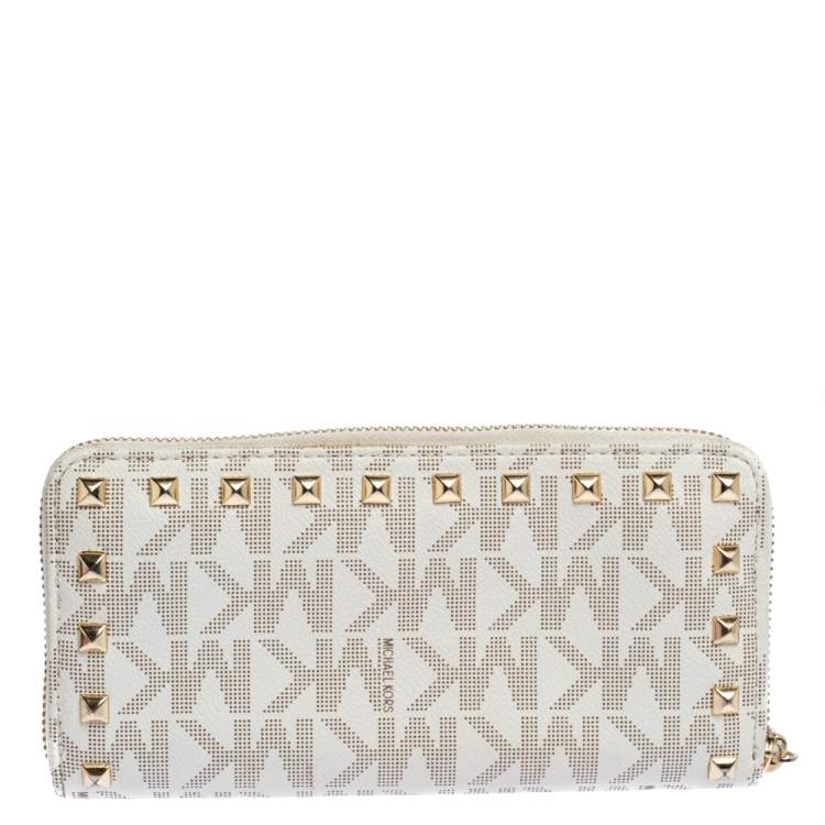 Pre Owned Michael Kors White Signature Coated Canvas Studded Zip Around Continental Wallet