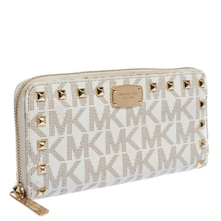 Pre Owned Michael Kors White Signature Coated Canvas Studded Zip Around Continental Wallet