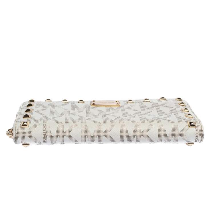 Pre Owned Michael Kors White Signature Coated Canvas Studded Zip Around Continental Wallet