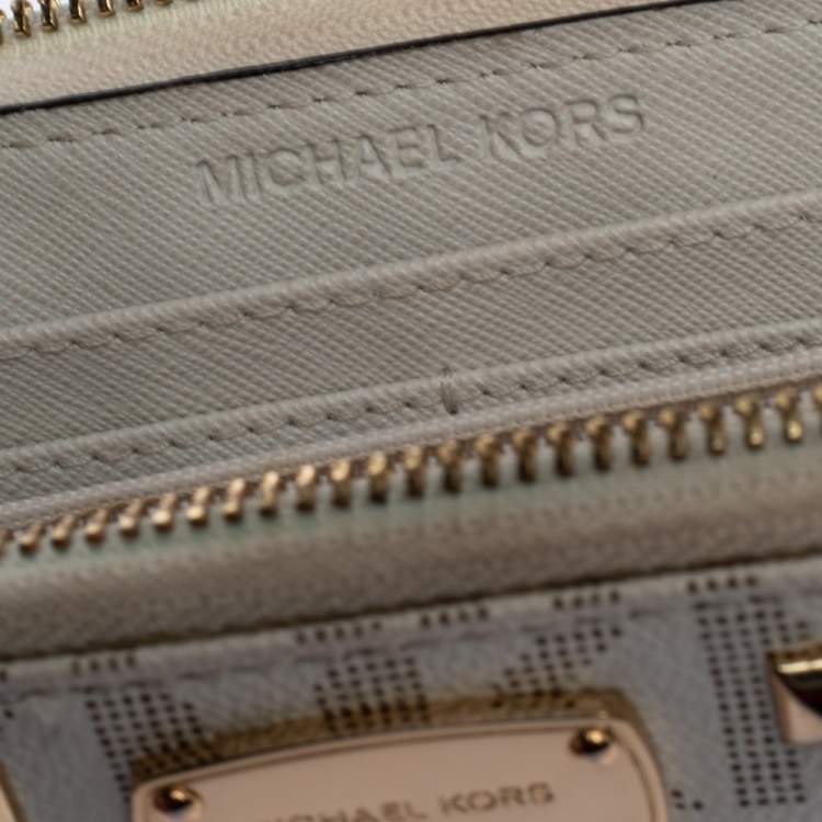 Pre Owned Michael Kors White Signature Coated Canvas Studded Zip Around Continental Wallet