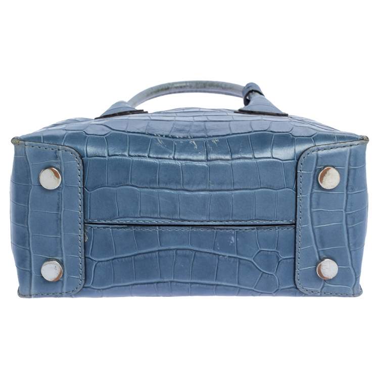 Pre Owned Michael Kors Blue Croc Embossed Leather Mini Mercer Convertible Tote