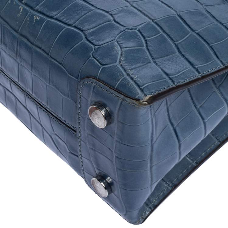 Pre Owned Michael Kors Blue Croc Embossed Leather Mini Mercer Convertible Tote