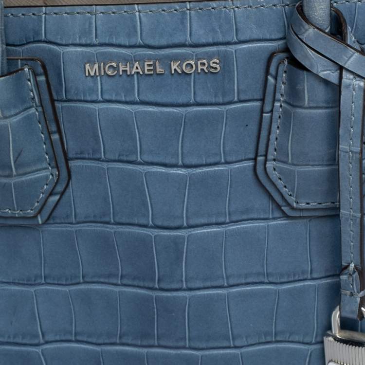 Pre Owned Michael Kors Blue Croc Embossed Leather Mini Mercer Convertible Tote