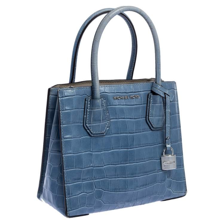 Pre Owned Michael Kors Blue Croc Embossed Leather Mini Mercer Convertible Tote