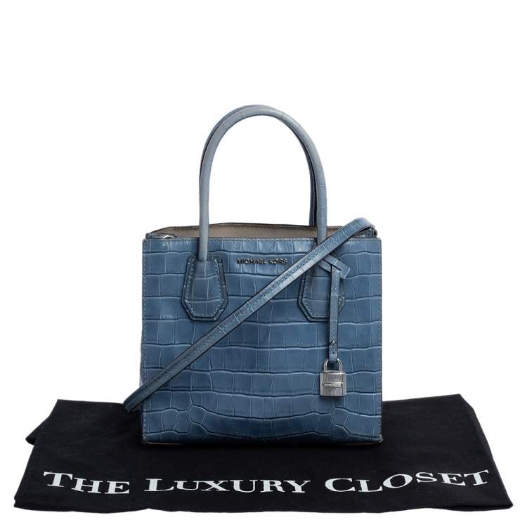Pre Owned Michael Kors Blue Croc Embossed Leather Mini Mercer Convertible Tote