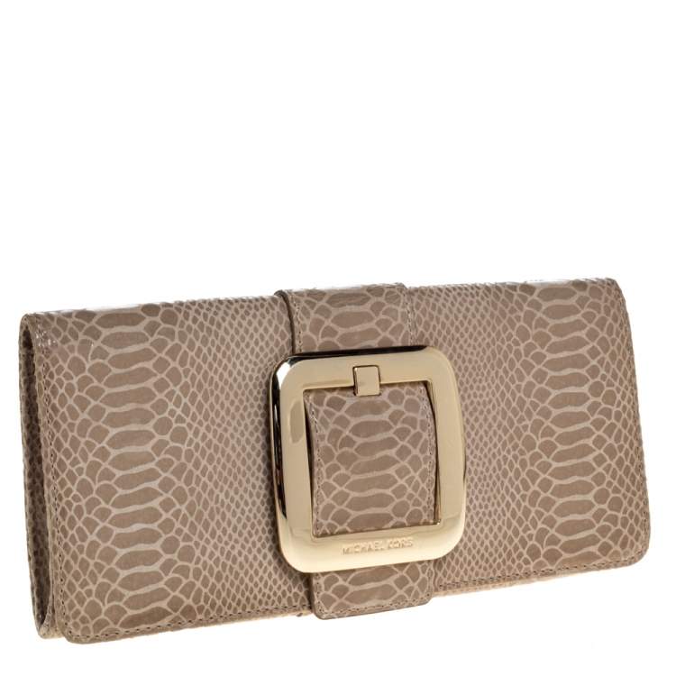 Pre Owned Michael Michael Kors Light Olive Python Effect Leather Sutton Clutch