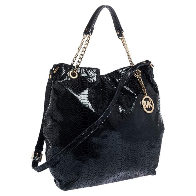 Pre Owned Michael Kors Black Python Effect Patent Leather and Suede Chain Shoulder Bag