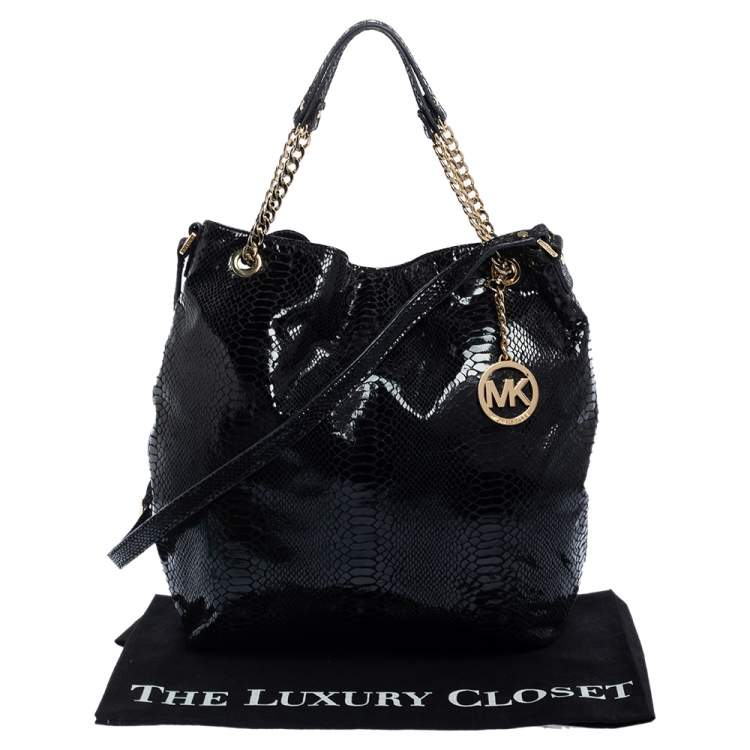 Pre Owned Michael Kors Black Python Effect Patent Leather and Suede Chain Shoulder Bag