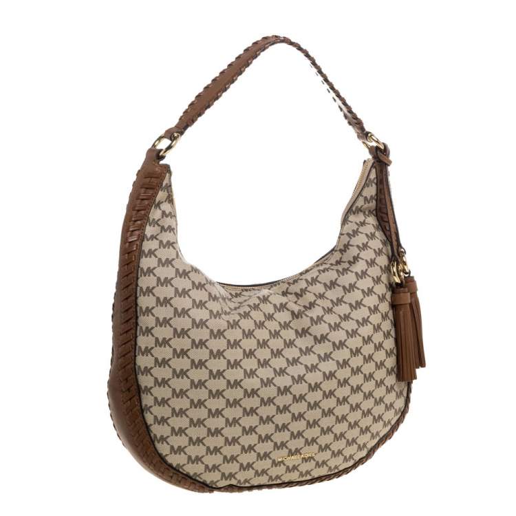 Pre Owned Michael Kors Beige/Tan Coated Canvas and Leather Lauryn Hobo