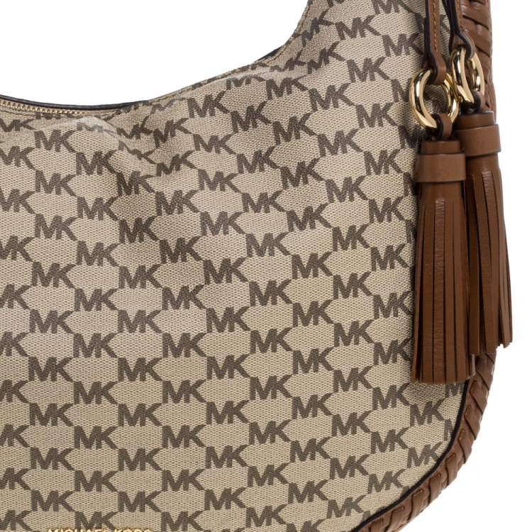 Pre Owned Michael Kors Beige/Tan Coated Canvas and Leather Lauryn Hobo