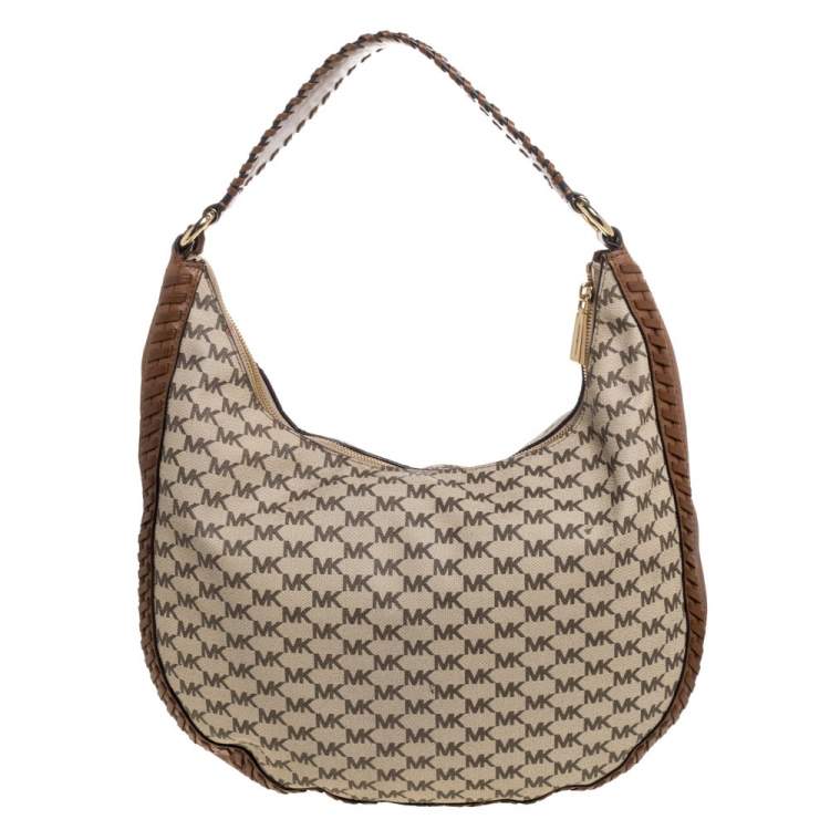 Pre Owned Michael Kors Beige/Tan Coated Canvas and Leather Lauryn Hobo