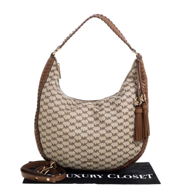 Pre Owned Michael Kors Beige/Tan Coated Canvas and Leather Lauryn Hobo