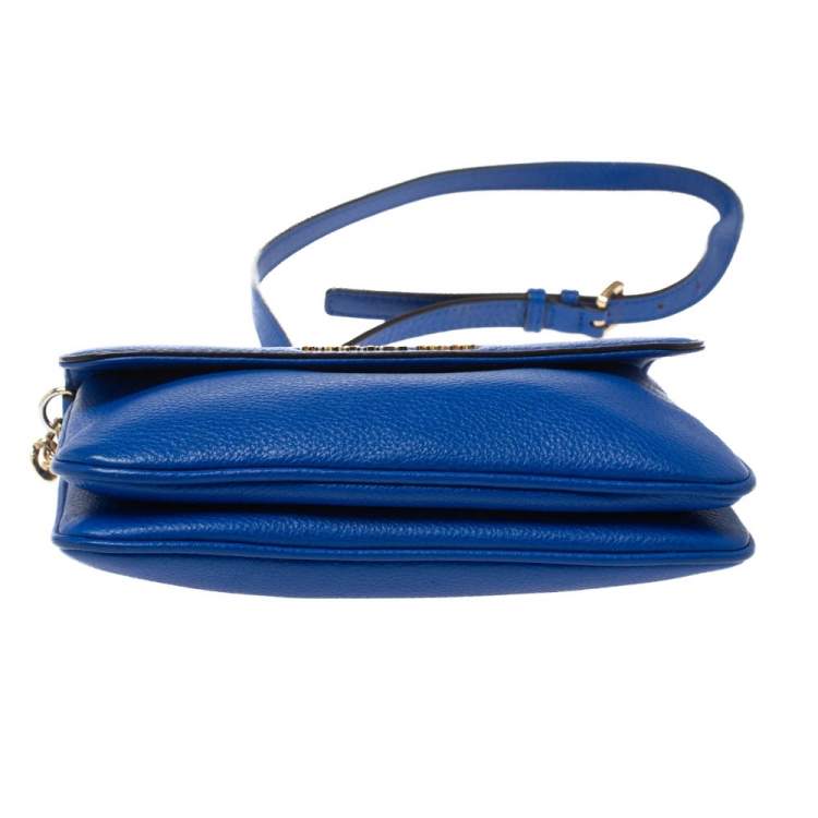 Pre Owned Michael Kors Blue Leather Jet Set Flap Crossbody Bag