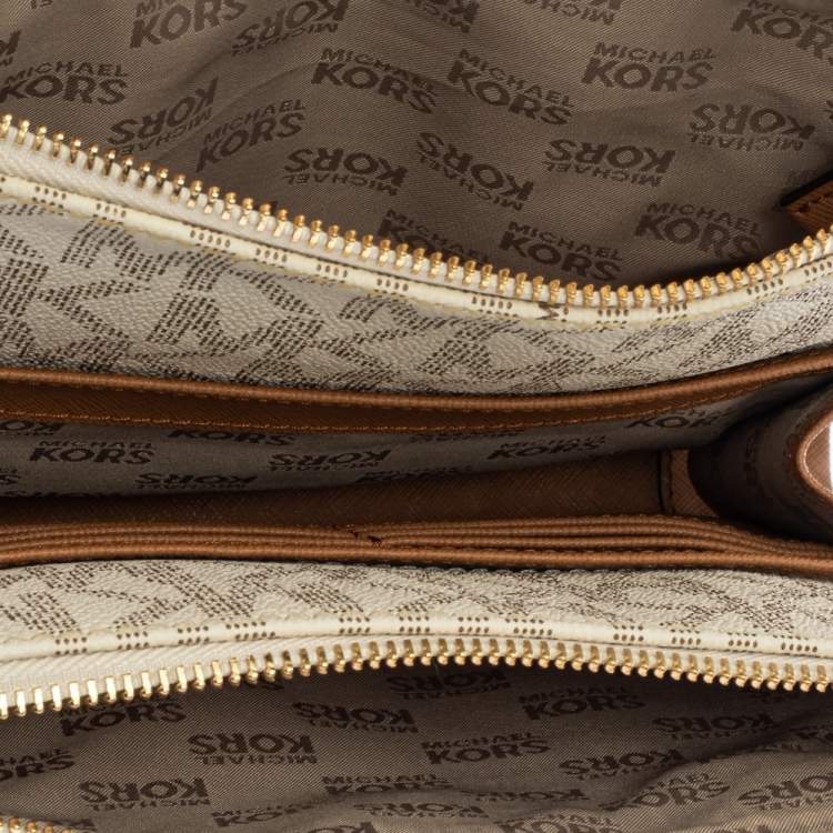 Pre Owned Michael Kors White/Tan Monogram Coated Canvas and Leather Crossbody Bag