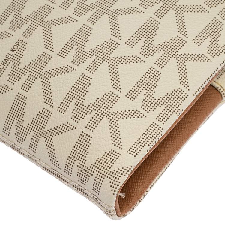 Pre Owned Michael Kors White/Tan Monogram Coated Canvas and Leather Crossbody Bag