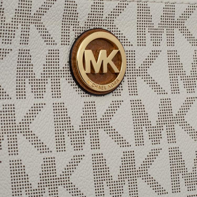Pre Owned Michael Kors White/Tan Monogram Coated Canvas and Leather Crossbody Bag
