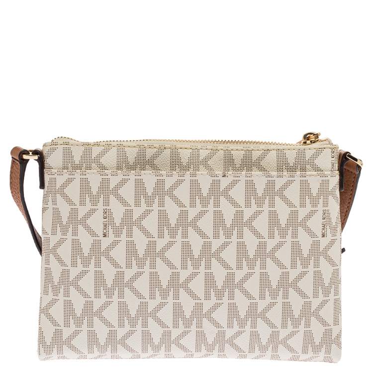 Pre Owned Michael Kors White/Tan Monogram Coated Canvas and Leather Crossbody Bag