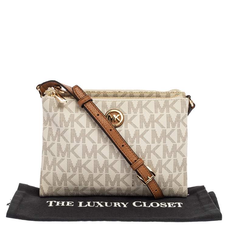 Pre Owned Michael Kors White/Tan Monogram Coated Canvas and Leather Crossbody Bag