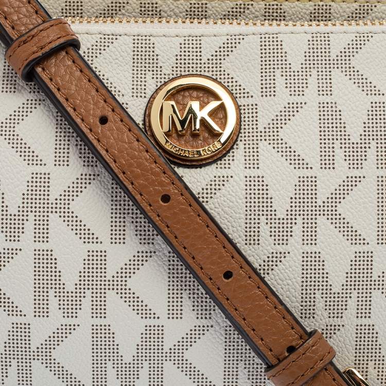 Pre Owned Michael Kors White/Tan Monogram Coated Canvas and Leather Crossbody Bag