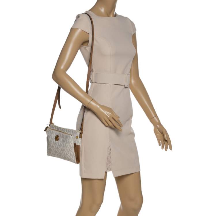 Pre Owned Michael Kors White/Tan Monogram Coated Canvas and Leather Crossbody Bag