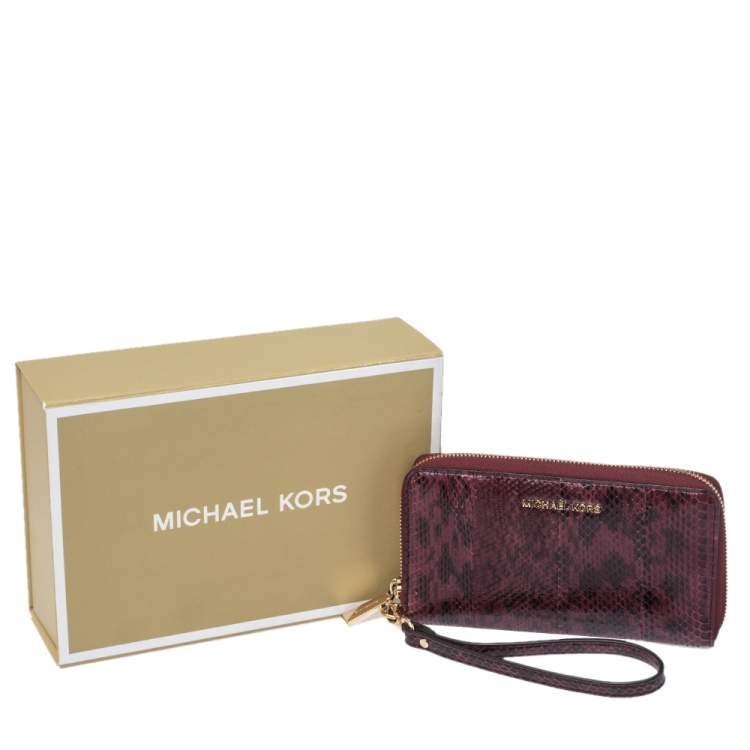 Pre Owned Michael Kors Burgundy Python Zip Around Wristlet Wallet