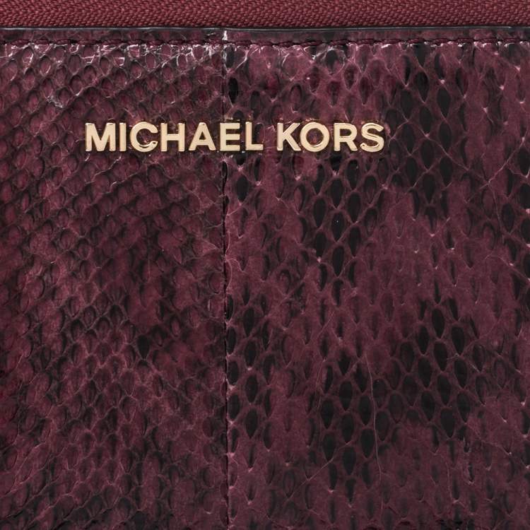 Pre Owned Michael Kors Burgundy Python Zip Around Wristlet Wallet