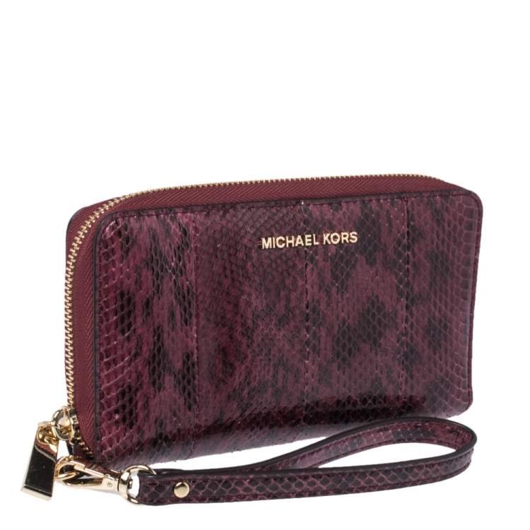 Pre Owned Michael Kors Burgundy Python Zip Around Wristlet Wallet