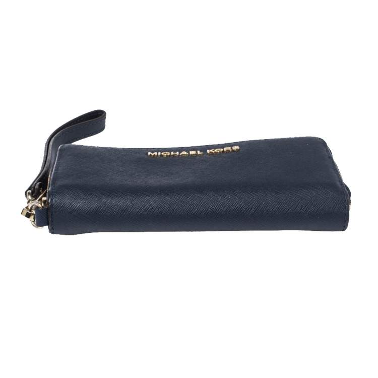 Pre Owned Michael Kors Navy Blue Leather Zip Around Wristlet Wallet