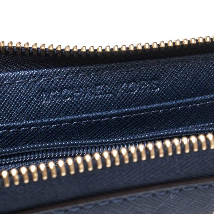 Pre Owned Michael Kors Navy Blue Leather Zip Around Wristlet Wallet