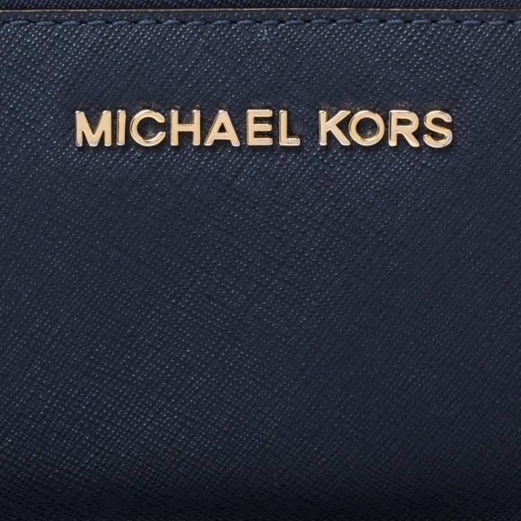 Pre Owned Michael Kors Navy Blue Leather Zip Around Wristlet Wallet