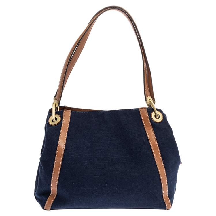 Pre Owned Michael Kors Blue/Brown Denim and Leather Large Raven Shoulder Bag