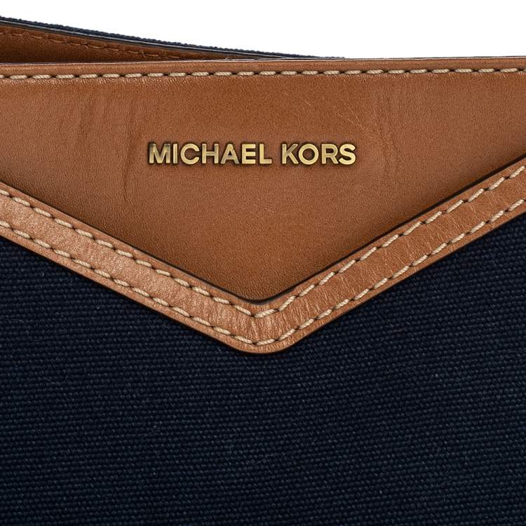Pre Owned Michael Kors Blue/Brown Denim and Leather Large Raven Shoulder Bag